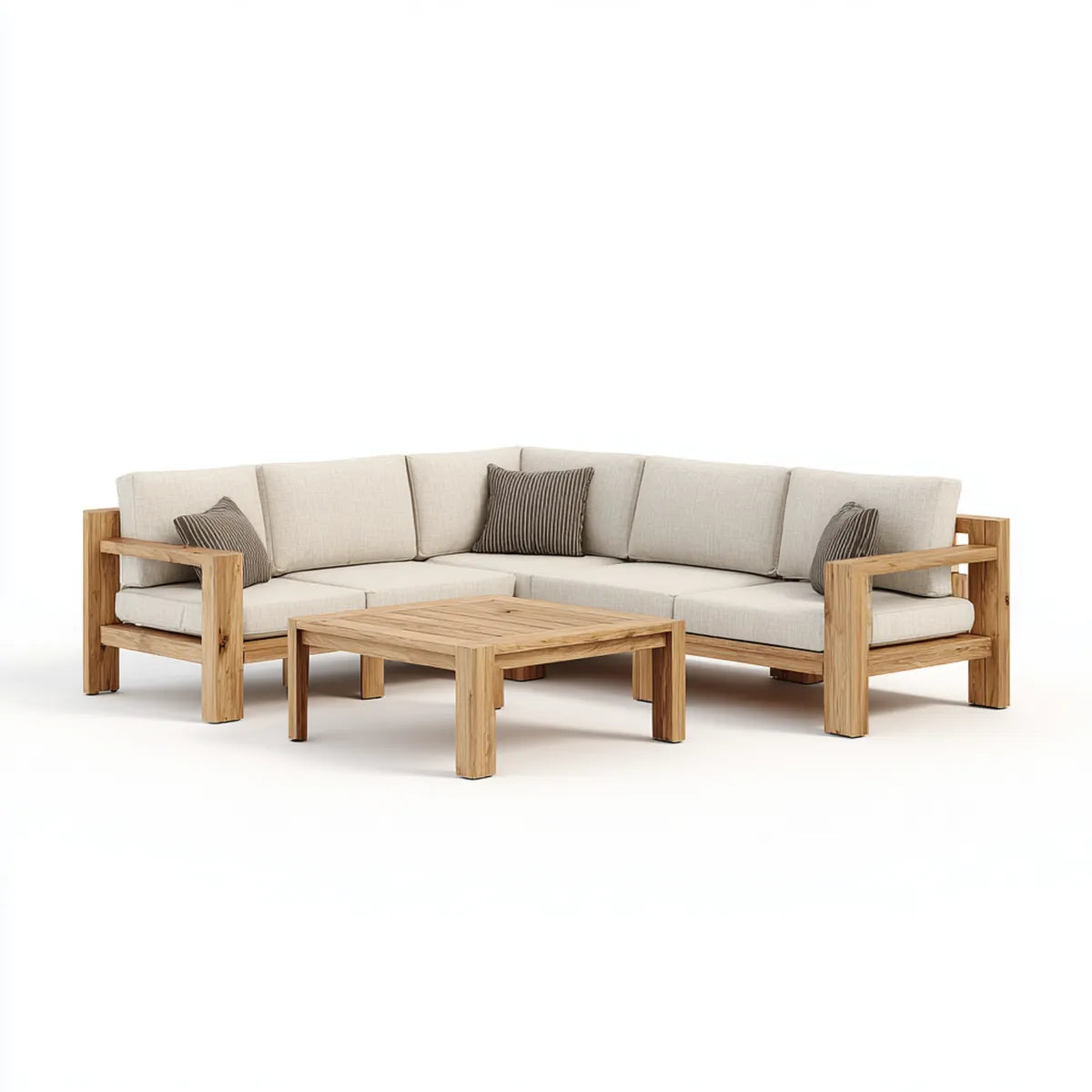 Sofa ogrodowa, Ustaw kanapę narożną ogrodową z beżowym stołem z litego drewna acacia 250 x 250 cm