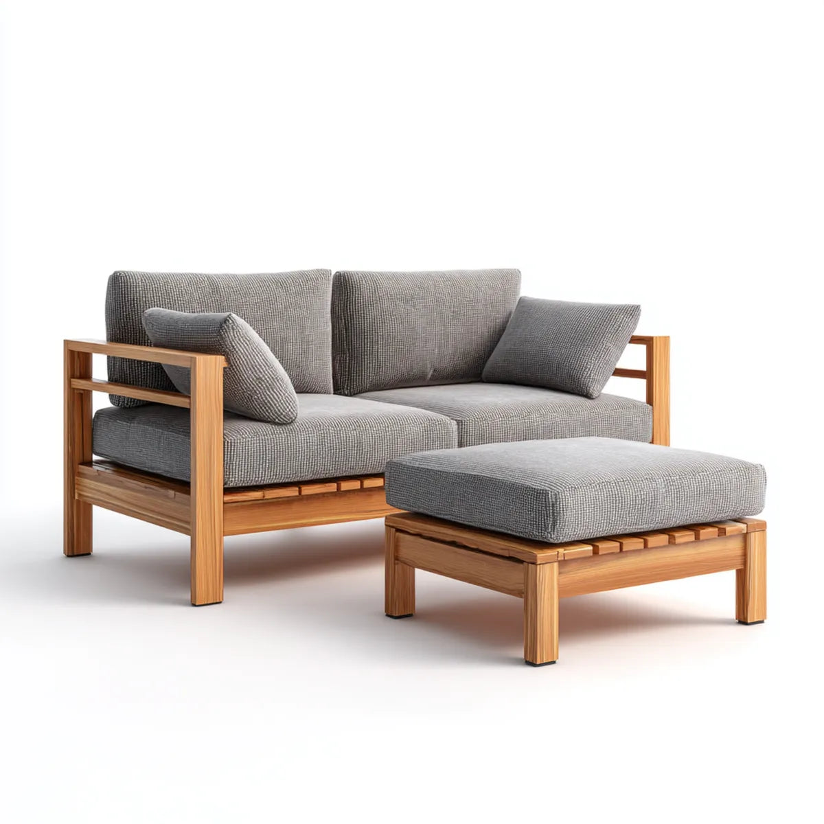 Sofa ogrodowa, Zestaw kanapa ogrodowa 2 fotele z szarym pufem w litej akacji prostokątne drewno 160 x 80 x 75 cm i 110 x 65 x 33 cm