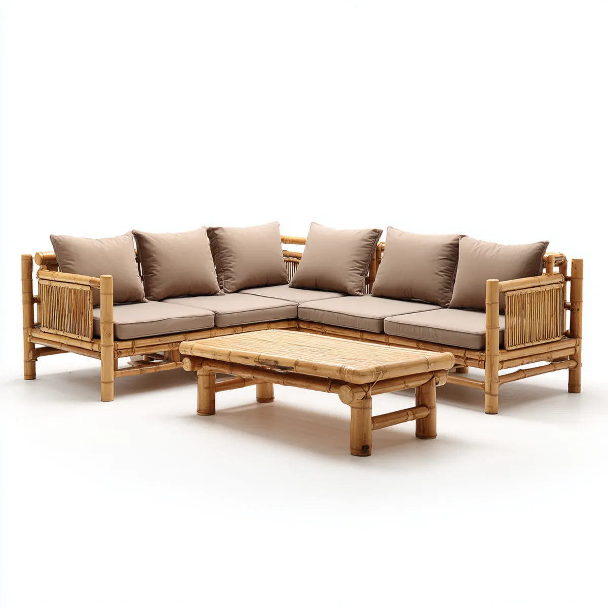 Sofa ogrodowa, Zestaw narożnej sofy ogrodowej z beżowym bambusowym stołem 230 x 180 x 80 cm