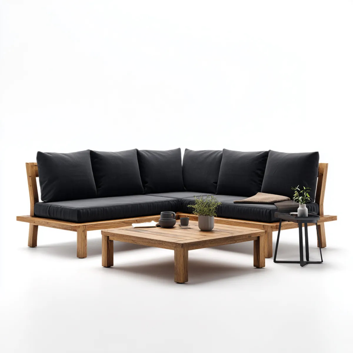Sofa ogrodowa, Zestaw foteli ogrodowych kątowych 4 czarne siedzenia w litym drewnie acacia 250 x 180 cm