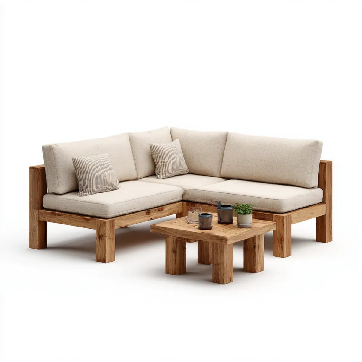 Sofa ogrodowa, Set 3-częściowy z naturalnego brązu beżowego z litego drewna acacia w kształcie L- 220 x 220 x 78 cm