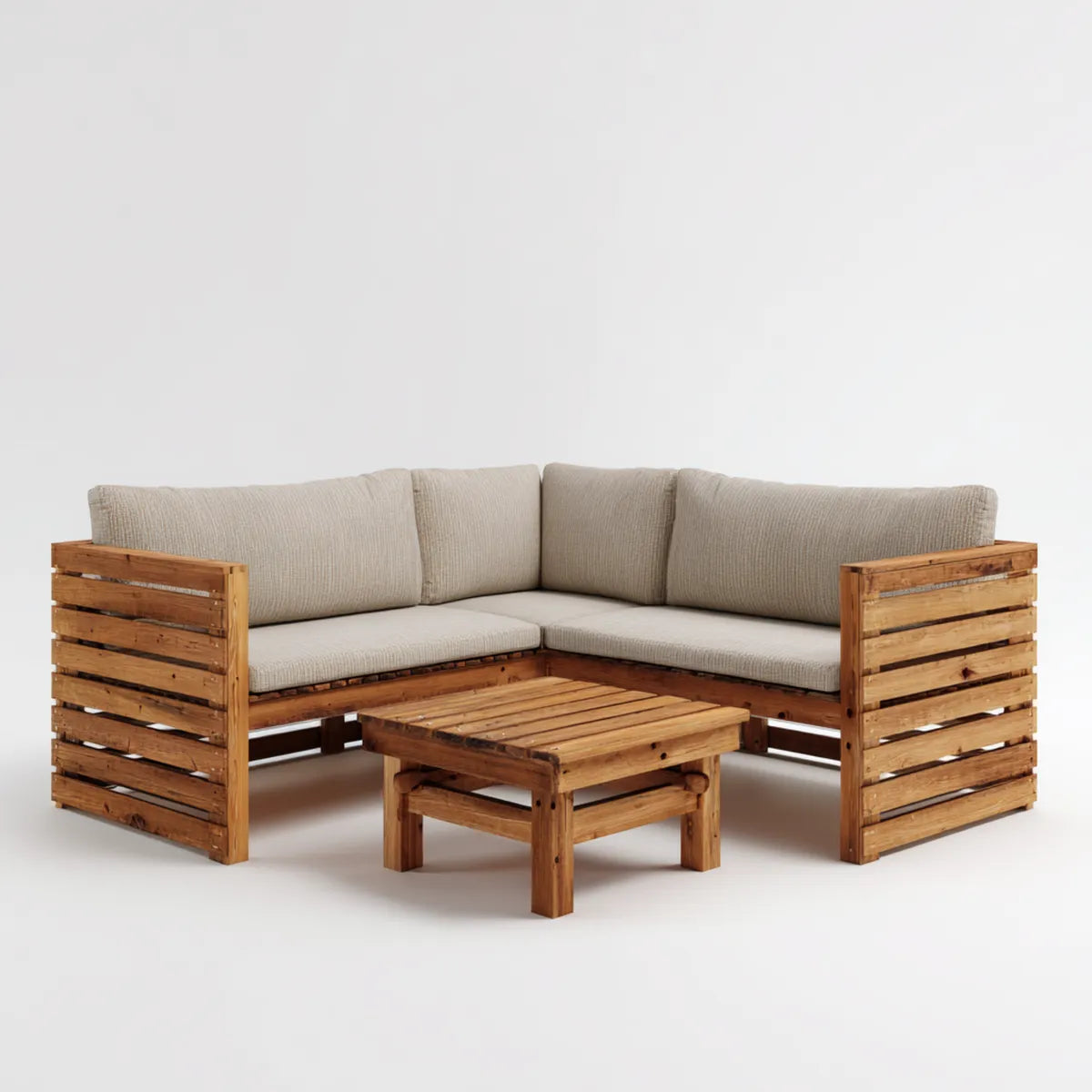 Sofa ogrodowa, Ogrodowa sofa narożna z rozkładanym stołem kawowym 3- część naturalna beż z litego drewna sosnowego w kształcie litery 200 x 200 cm