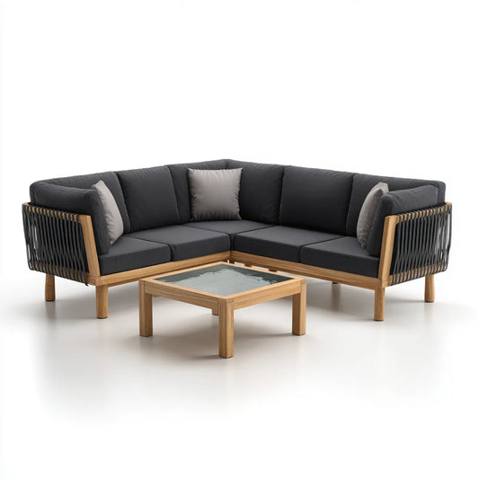 Sofa ogrodowa, Zestaw kanapa narożna ogrodowa 5 antracyt i naturalne miejsca w litym drewnie akacjowym z polipropylenową liną 250 x 190 x 75 cm
