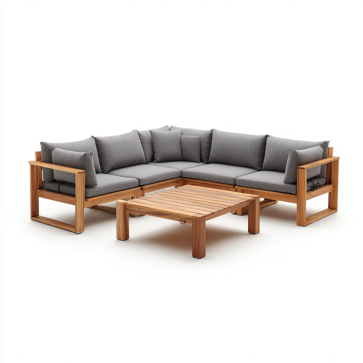 Sofa ogrodowa, Zestaw kątowej sofy ogrodowej 4 kawałki szarego i acacia drewna 250 x 250 cm z prostokątnym stołem