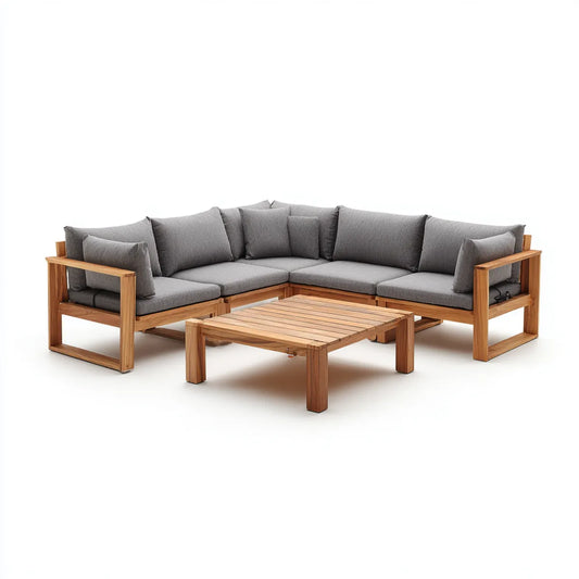 Sofa ogrodowa, Zestaw kątowej sofy ogrodowej 4 kawałki szarego i acacia drewna 250 x 250 cm z prostokątnym stołem