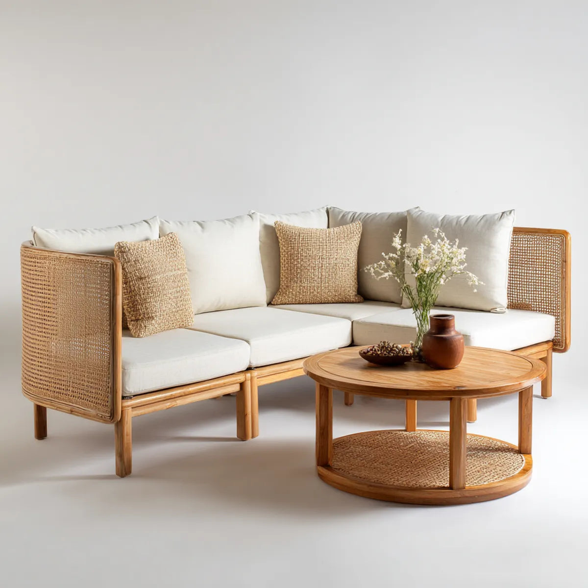 Sofa ogrodowa, Zestaw sofa ogrodowa 3 fotele z naturalnego okrągłego stołu i biały 210 x 80 x 75 cm w litym drewnie i rattanie