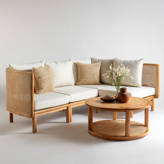 Sofa ogrodowa, Zestaw sofa ogrodowa 3 fotele z naturalnego okrągłego stołu i biały 210 x 80 x 75 cm w litym drewnie i rattanie