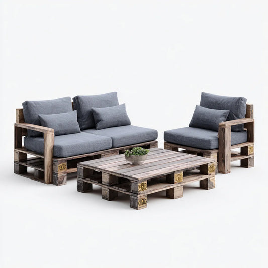 Sofa ogrodowa, Zestaw do siedzenia w ogrodzie 3 kawałki szary w litym drewnie sosnowym z prostokątnymi poduszkami sofa 120 x 80 x 75 cm fotel 80 x 80 x 75 cm mały stół 120 x 80 x 3, 120 x 80 x 35 cm