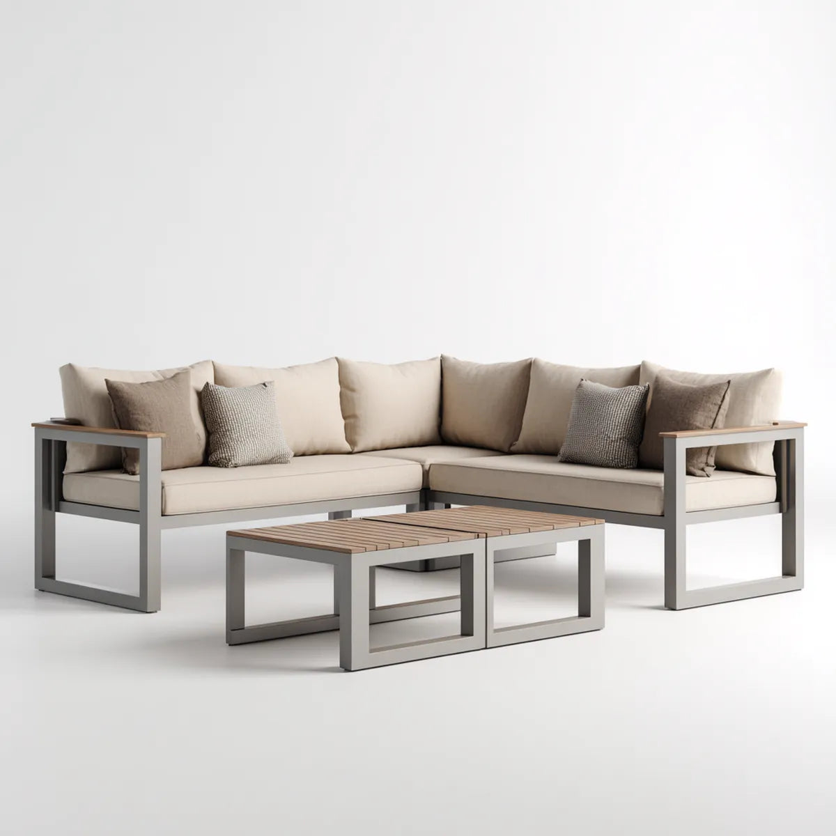 Sofa ogrodowa, Ustaw narożnik ogrodowy 5 beżowych i szarych foteli z 2 stołami aluminiowymi i drewnianymi 240 x 240 cm