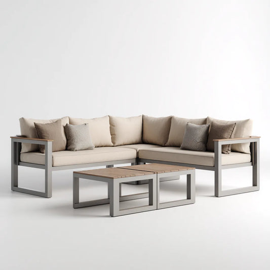 Sofa ogrodowa, Ustaw narożnik ogrodowy 5 beżowych i szarych foteli z 2 stołami aluminiowymi i drewnianymi 240 x 240 cm