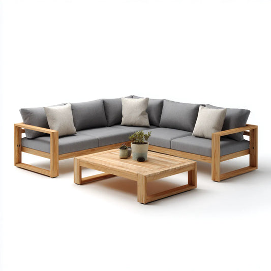 Sofa ogrodowa, Zestaw szarej, kątowej sofy ogrodowej w litym drewnie z akacji do 250 x 250 cm z małym stołem