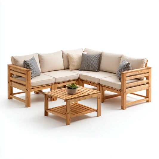 Sofa ogrodowa, Ustaw narożnik ogrodowy 4 beżowe siedzenia w akacji litego drewna z tabeli 210 x 210 cm