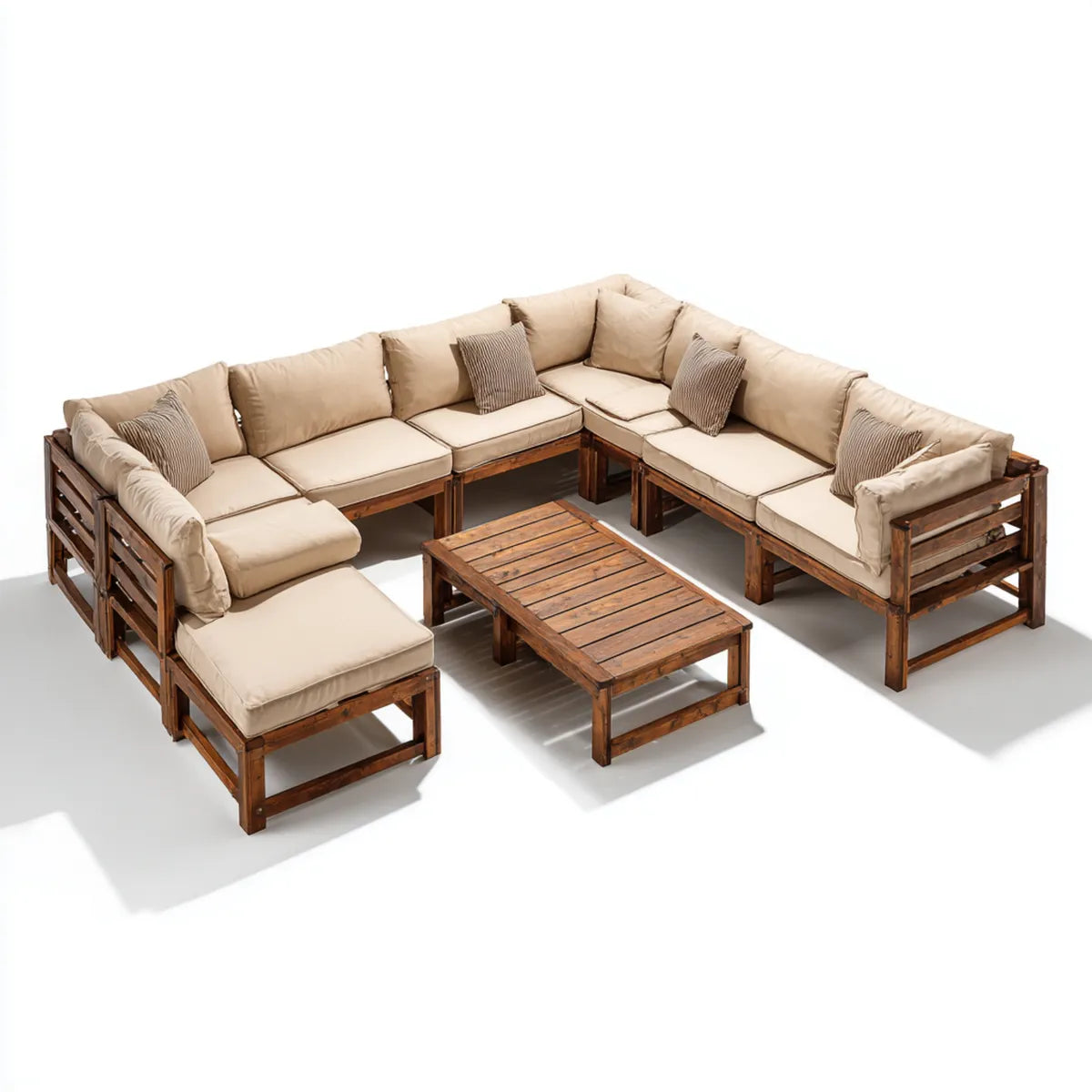Sofa ogrodowa, Zestaw modułowe siedzenia ogrodowe z 8 sztuk beżowe brązowe drewno akacjowe z poduszkami 280 x 210 x 63 cm