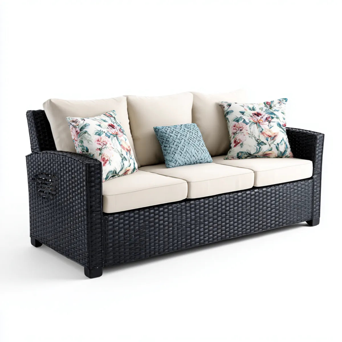 Sofa ogrodowa, 3 czarne siedzenia sofa ogrodowa z beżowymi poduszkami w rattanie PE i stali 200 x 75 x 85 cm prostokątna
