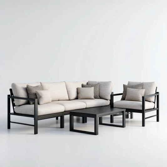 Sofa ogrodowa, Zestaw do siedzenia w ogrodzie 3 kawałki czarny i beżowy z sofą 3 fotele fotel i stół aluminiowy