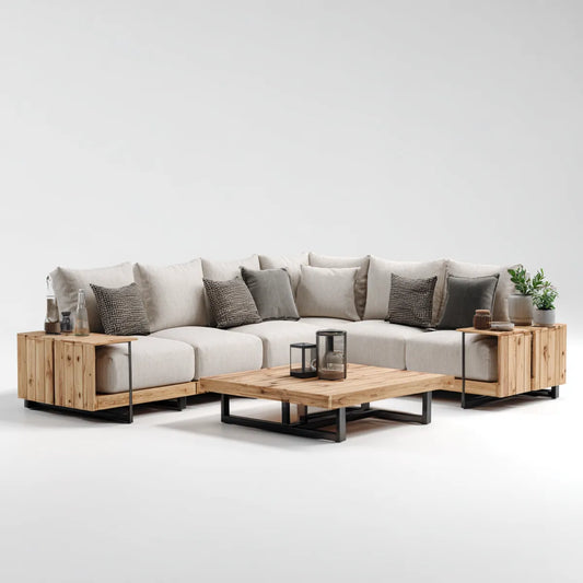 Sofa ogrodowa, Taras Sofa Ustaw narożną sofę beżową 300 x 230 cm z litym drewnianym i stalowym stołem do kawy
