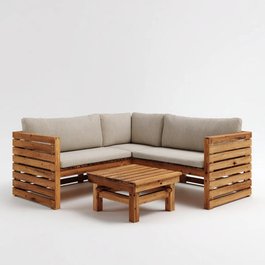 Sofa ogrodowa, Ogrodowa sofa narożna z rozkładanym stołem kawowym 3- część naturalna beż z litego drewna sosnowego w kształcie litery 200 x 200 cm