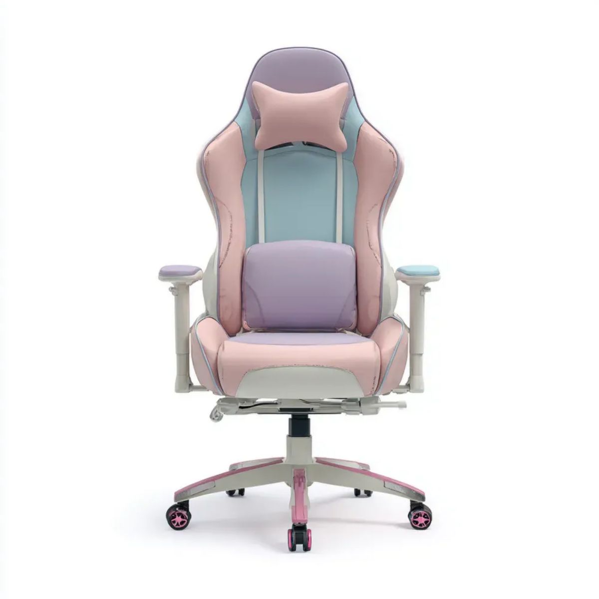 Fotel gamingowy, Ergonomiczny fotel gamingowy ze skóry syntetycznej różowej, fioletowej, jasnofioletowej i niebieskiej z podnóżkiem, 66 x 66 x 12232 cm, 122-132 cm