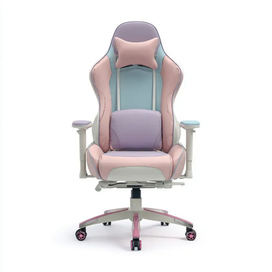 Fotel gamingowy, Ergonomiczny fotel gamingowy ze skóry syntetycznej różowej, fioletowej, jasnofioletowej i niebieskiej z podnóżkiem, 66 x 66 x 12232 cm, 122-132 cm