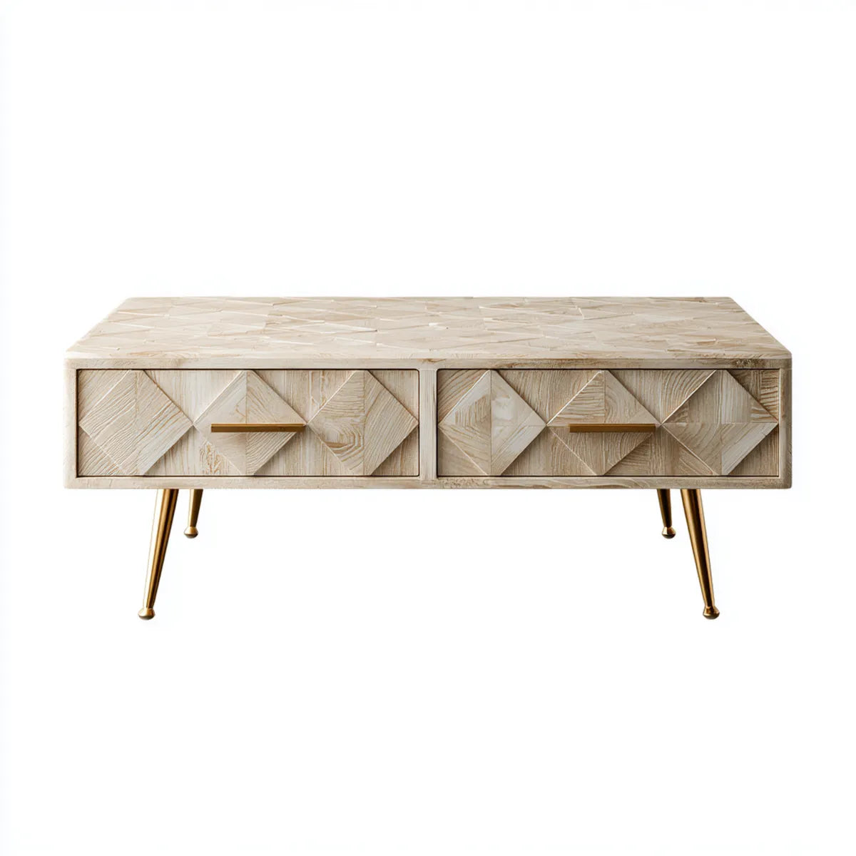 Stolik kawowy, Naturalny i złoty prostokątny stolik z 2 szufladami z litego drewna mango 110 x 55 x 45 cm