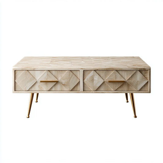 Stolik kawowy, Naturalny i złoty prostokątny stolik z 2 szufladami z litego drewna mango 110 x 55 x 45 cm