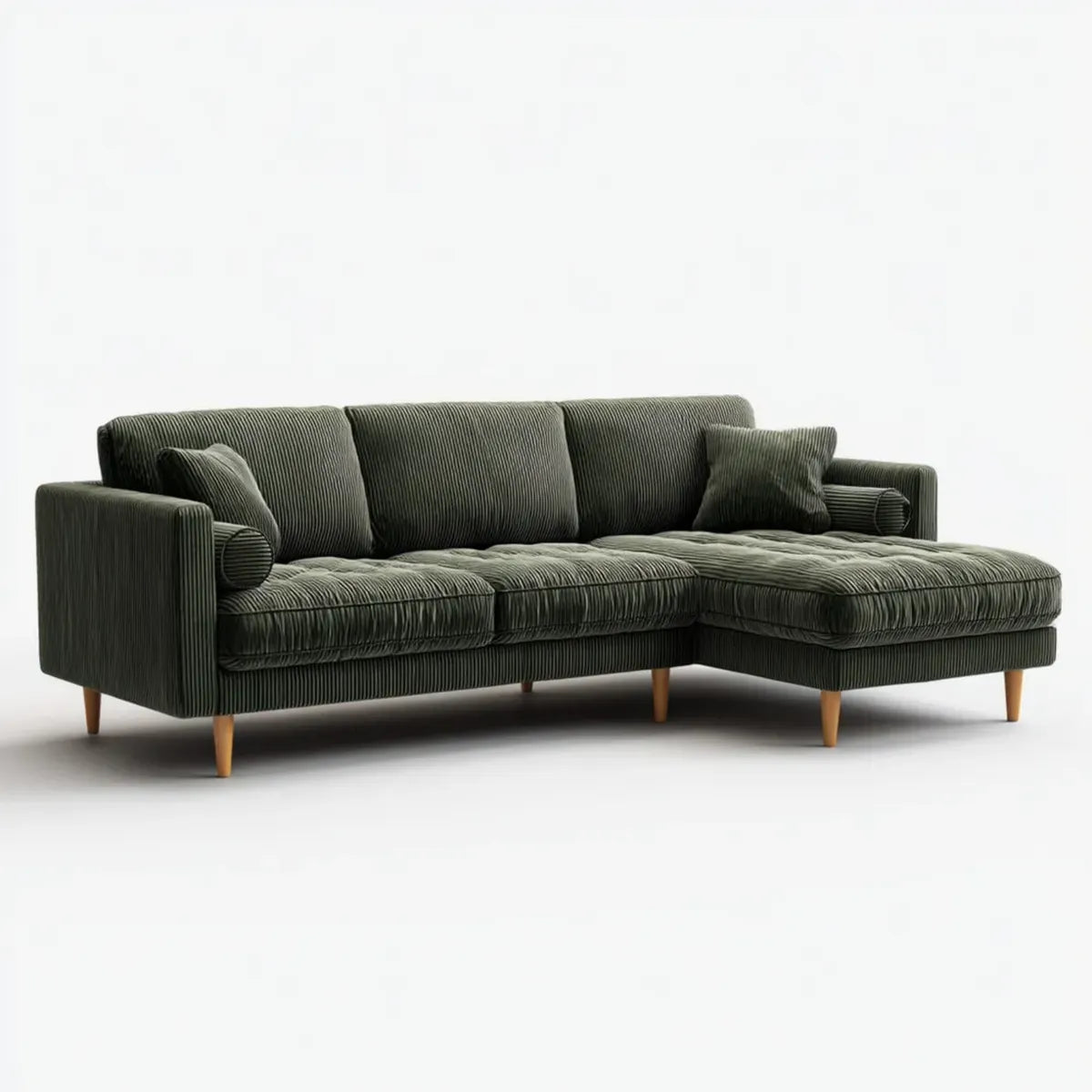Sofa, Kanapa narożna z recyrem po prawej ciemnozielonym 250 x 160 x 85 cm prostokątna poliestrowy sznur