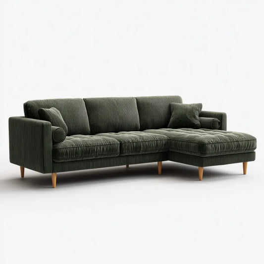 Sofa, Kanapa narożna z recyrem po prawej ciemnozielonym 250 x 160 x 85 cm prostokątna poliestrowy sznur