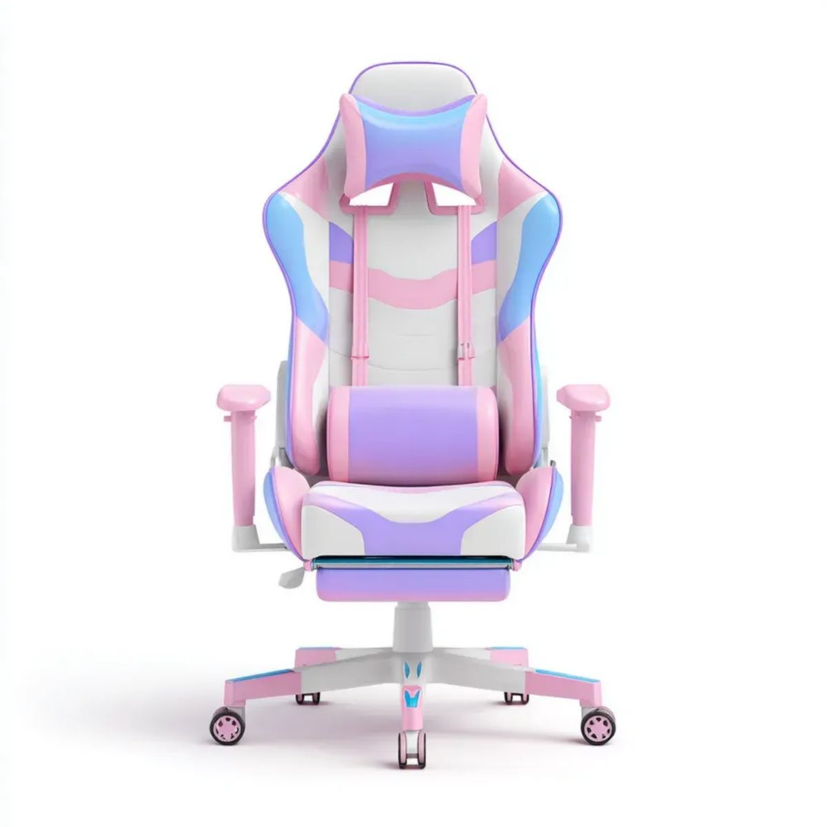 Fotel gamingowy, Ergonomiczny fotel do gier ze skóry syntetycznej różowej, różowej, fioletowo-fioletowej, niebieskiej i jasnoniebieskiej z podnóżkiem, 66 x 66 x 125- 135 cm