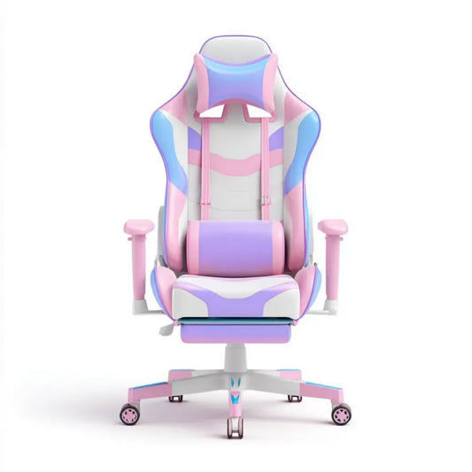 Fotel gamingowy, Ergonomiczny fotel do gier ze skóry syntetycznej różowej, różowej, fioletowo-fioletowej, niebieskiej i jasnoniebieskiej z podnóżkiem, 66 x 66 x 125- 135 cm