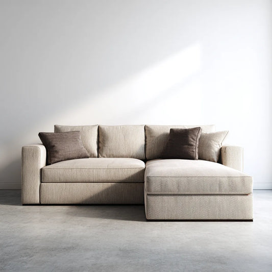 Sofa, Kanapa narożna z powrotem z prawej beżowej 260 x 165 cm poliestrowej tkaniny prostokątnej